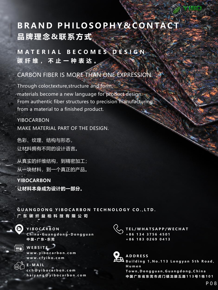 YIBOCARBON品牌理念与联系方式页，斜叠彩色锻造碳纤维板材背景，附公司地址、电话、WhatsApp、网址及邮箱联系信息。